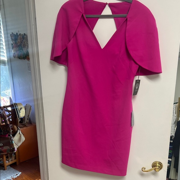 Vince Camuto Magenta Hot Pink Cape-Sleeve V-Neck Mini Dress Large 12 NWT - Picture 9 of 9